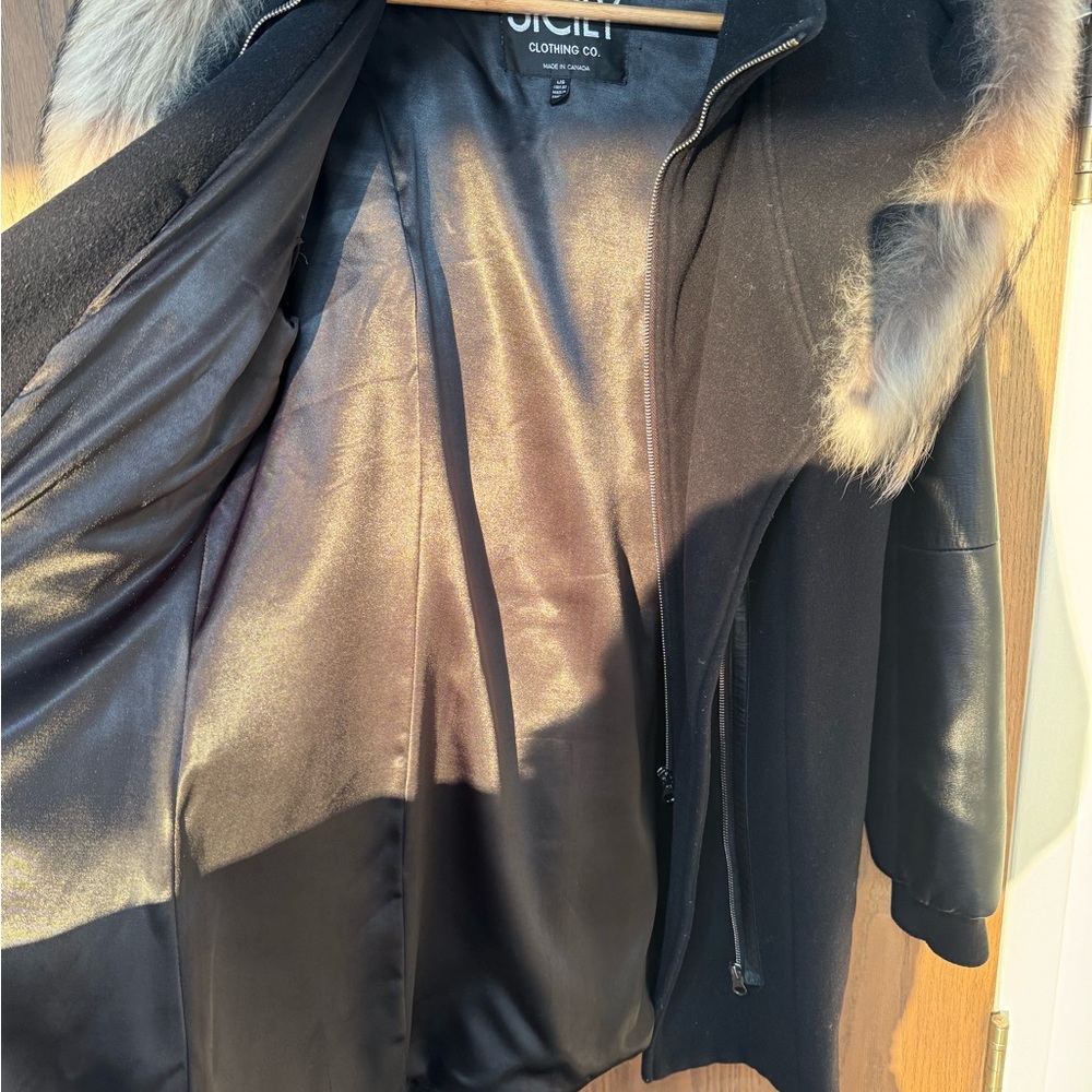 Size Large Black warm winter coat with fur hood double layer SICILY, brown fur L - Picture 14 of 16